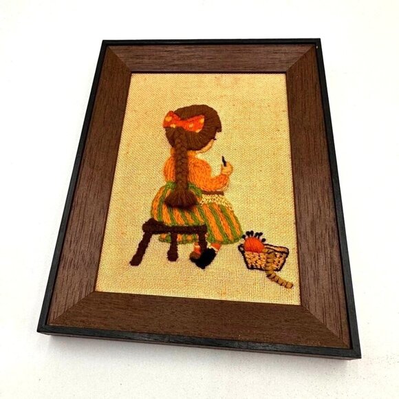 Vintage Crewel Embroidery Art Set 1970s Framed Burlap Featuring Girls Sewing & C - Picture 2 of 16